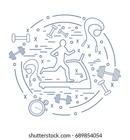 Vector illustration of the man jogging on a treadmill and different kinds of sports equipment arranged in a circle. Including icons of skipping rope, stopwatch, dumbbells and other.