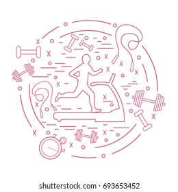 Vector illustration of the man jogging on a treadmill and different kinds of sports equipment arranged in a circle. Including icons of skipping rope, stopwatch, dumbbells and other.