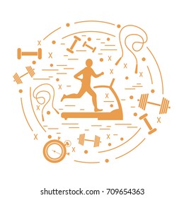 Vector illustration of the man jogging on a treadmill and different kinds of sports equipment arranged in a circle. Including icons of skipping rope, stopwatch, dumbbells and other.