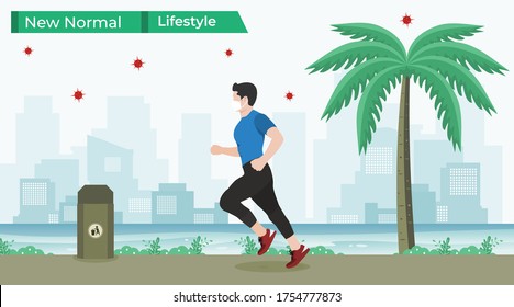Vector illustration of man jogging in riverbank, decoration with grass, coconut tree and trash bin. New normal lifestyle concept with people keep wearing medical masks after pandemic Covid-19