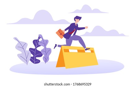 Vector Illustration of Man Jump Over Obstacle, Solve the Problem. Business Concept, Team Metaphor, Flat Design.
