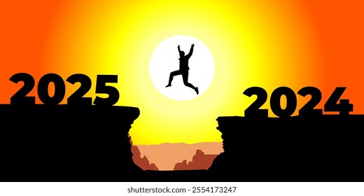 Vector illustration of man jumping from 2024 to 2025 hill cliff