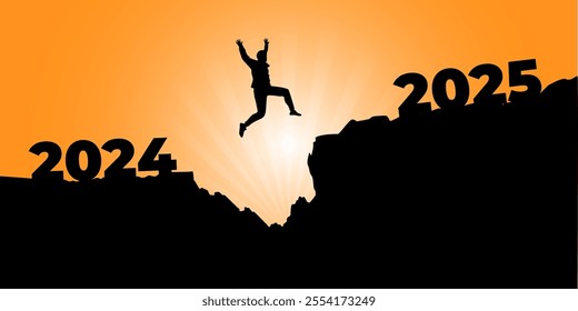 Vector illustration of man jumping from 2024 to 2025 hill cliff