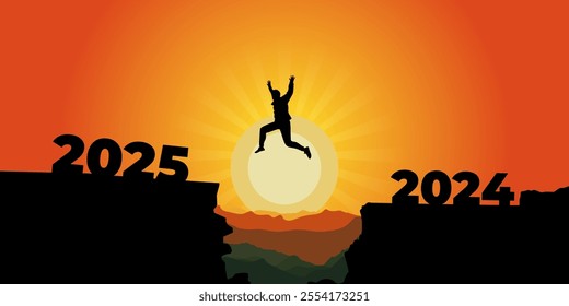 Vector illustration of man jumping from 2024 to 2025 hill cliff