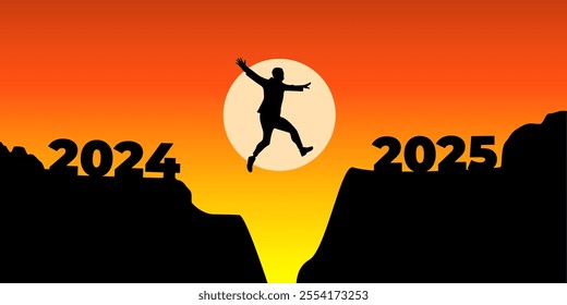 Vector illustration of man jumping from 2024 to 2025 hill cliff