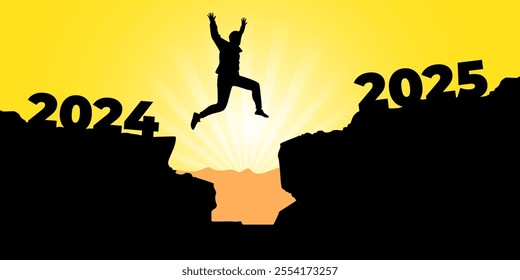 Vector illustration of man jumping from 2024 to 2025 hill cliff