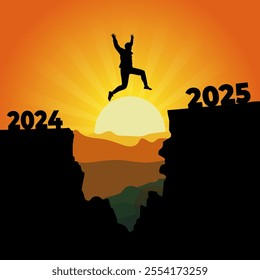 Vector illustration of man jumping from 2024 to 2025 hill cliff