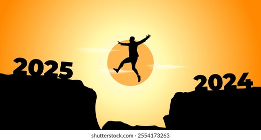 Vector illustration of man jumping from 2024 to 2025 hill cliff