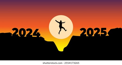 Vector illustration of man jumping from 2024 to 2025 hill cliff