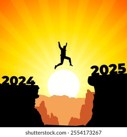 Vector illustration of man jumping from 2024 to 2025 hill cliff