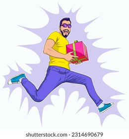 vector illustration of a man jumping and carrying a gift