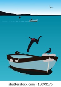 vector illustration of a man jumping from a fishing boat