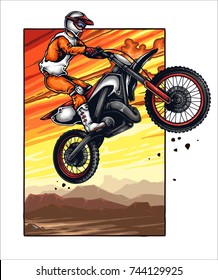 Vector illustration of man jumping with the motocross with sunset scenery background