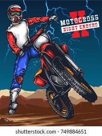 Vector illustration of man jumping with the motocross with sunset sky scenery behind and thunderstorm