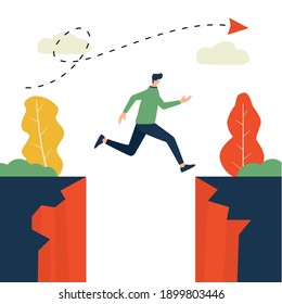 Vector illustration, man jumping for next big business, entrepreneur challenges, motivation and personal growth