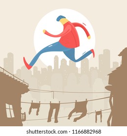 Vector Illustration of Man Jumping On Roof