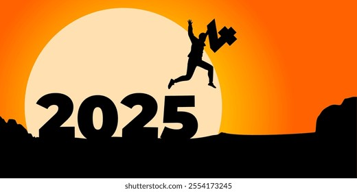 Vector illustration of man jumping on 2025 and holding 4 in hand showing the concept of 2024 end and 2025 start