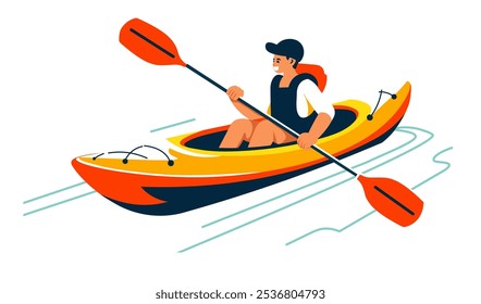 Vector illustration of a man kayaking on water. Flat style with bold, vibrant colors, isolated on white background. Suitable for outdoor sports, water activities, and adventure themes.