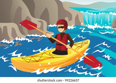 A vector illustration of a man kayaking in the river