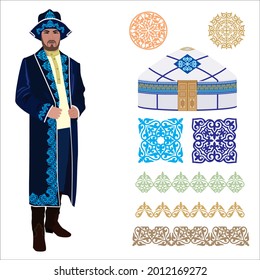 Vector illustration of a man in a Kazakh national costume on the background of a mountain landscape, a set of elements, an ornament, a yurt, an eagle