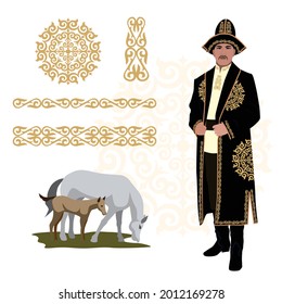 Vector illustration of a man in a Kazakh national costume on the background of a mountain landscape, a set of elements, an ornament, a yurt, an eagle