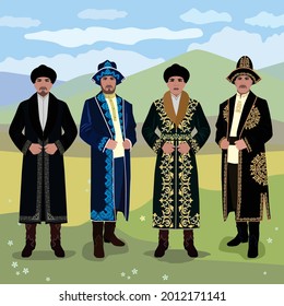 Vector illustration of a man in a Kazakh national costume on the background of a mountain landscape
