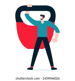 Vector illustration with man and kettlebell. Sport. Fitness app. Workout for wellness, activity. Healthy lifestyle. Design for app, websites, print, presentation.