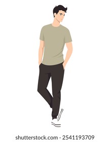 Vector illustration. Man in khaki T-shirt and black trousers, hands in pockets. Trendy image, emphasizing confidence and style. Suitable for everyday wardrobe, giving the image lightness.