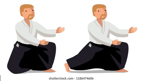 Vector illustration of a man in kimono and hakama. The basic movement Suvari waza Mae-sikko. Suitable for oriental martial arts such as aikido, judo, karate, jiu-jitsu, budo