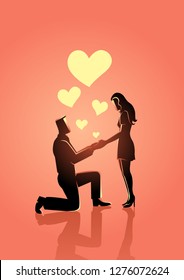 Vector illustration of a man kneeling and holding his girlfriend hands while making wedding proposal to his girlfriend svg