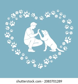 Vector illustration Man, labrador playing together Dog gives paw on background of paw print, tennis ball in the shape of heart Owner teaching pet commands Dog training Animal adoption Charity activity
