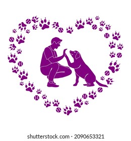 Vector illustration Man, labrador playing together Dog gives paw on background of paw print, tennis ball in the shape of heart Owner teaching pet commands Dog training Animal adoption Charity activity