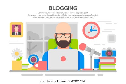 vector illustration of a man with a laptop creating quality content, writing an article for blog.