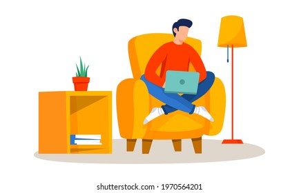 Vector illustration of a man with a laptop sitting on a chair. Freelancing, or learning concepts. Part 8.