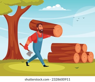 vector illustration of man with large build carrying tree cutting