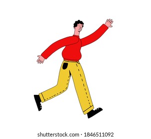 vector illustration - the man is late for work and  taxi transport. Boy running catches up and waves her hand. Flat style with disproportion big legs.Concept of being late for office