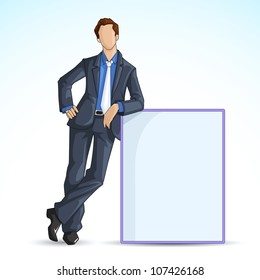 vector illustration of man leaning on blank board