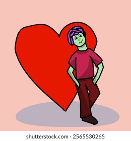 Vector illustration with a man leaning on a big red heart. Man, man. Love, Valentine's Day. A man leaning on a heart. Red, love, happy valentine's day.