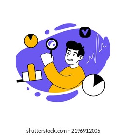 Vector illustration of man learning statistics. Statistical data, information, infographics, bar and pie chart, magnifier, checkmark, presentation, graph. Business concept. Flat drawing style EPS10.