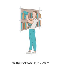 Vector illustration of man in library in sketch style - hand drawn boy standing near bookshelf and choosing literature to read isolated on white background for education or literary leisure concept.