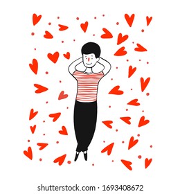 
vector illustration man lies on red hearts