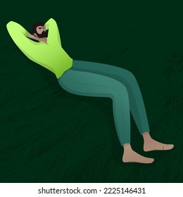  Vector illustration with man lies on 
 the grass   flat cartoon character.  Colored flat graphic vector illustration of fashionable man