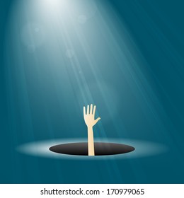 Vector illustration of man lifting hand from a dark hole with light shining on him.