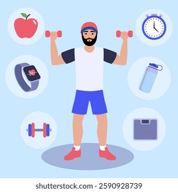 Vector illustration of a man lifting weights, surrounded by icons of healthy habits like a smartwatch, water bottle, and nutritious food