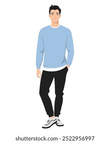 Vector illustration of a man in a light blue sweater and dark pants