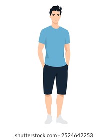 Ilustración vectorial de un hombre. Una camiseta azul claro y pantalones cortos azul marino para un look activo de verano.