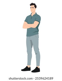 Vector illustration. Man in light blue polo shirt with short sleeves, light trousers. Standing with arms crossed.