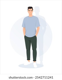 Ilustração vetorial. Um homem com uma camiseta azul clara e calças verde-escuras tem um estilo sem esforço que é adequado para caminhadas de verão e reuniões com amigos.