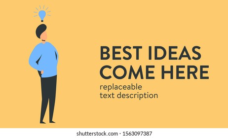 Vector illustration of a man with a light bulb over his head. An idea occurs to a person. Poster with text placeholder and description