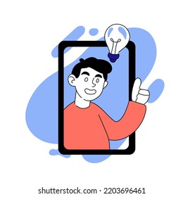 Ilustración vectorial del hombre con bombilla. Idea creativa, pensamiento, pensamiento, innovación, marco, burla telefónica, invención, hombre de negocios, resolver problemas. Concepto de creatividad. Colores azul y rosa pastel